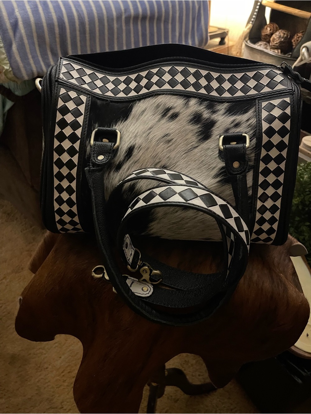 Black & White Patterned Satchel Bag with Haircalf Accent